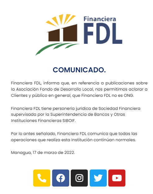 Financiera FDL continua operaciones normales